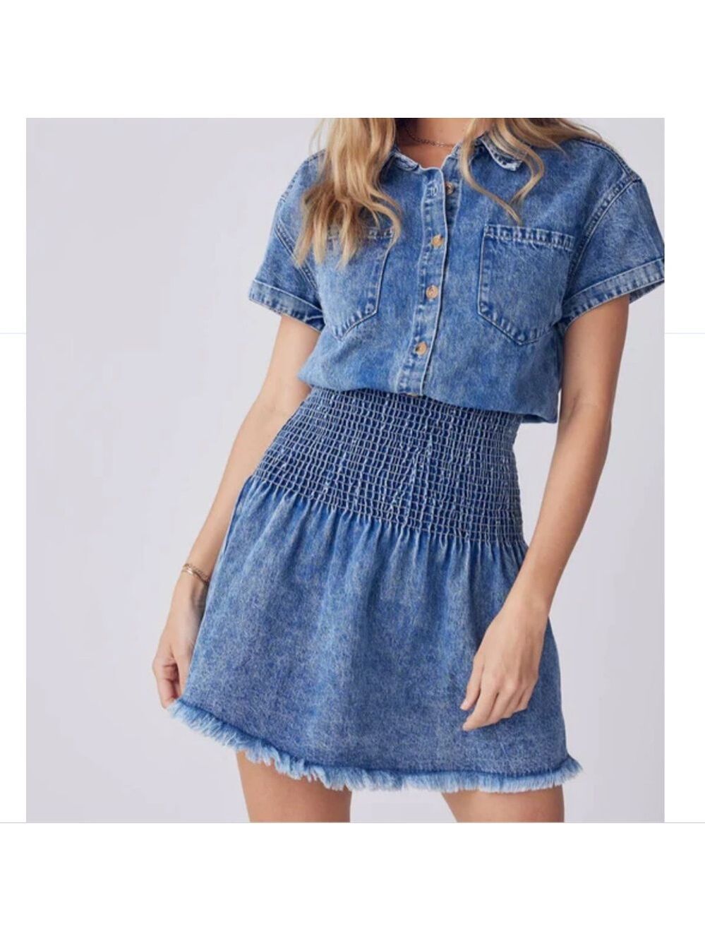 #125 Denim Elastic Waist Raw Hem Dress
